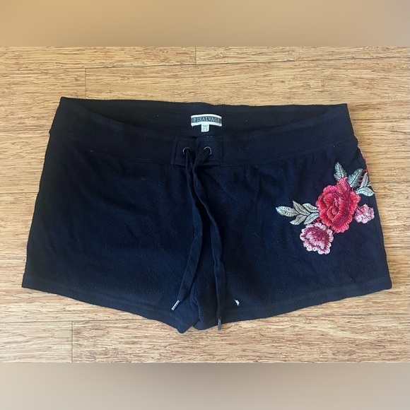 P.J. Salvage Pants - P.J. Salvage Black Pajama Shorts with Red Rose Embroidery Size XL